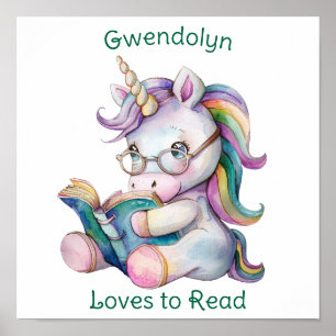 Poster Colores de Pastel Unicorn Lendo Texto Teal