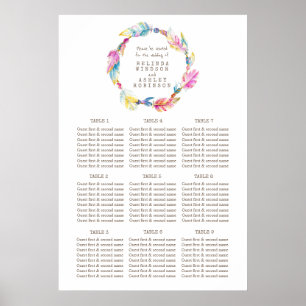 Póster Colorful feather watercolor wedding table plan