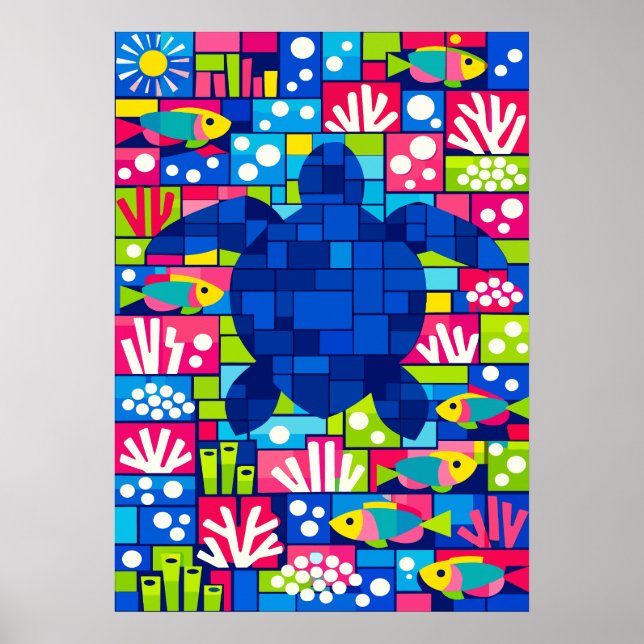 Poster Colorful Geometric Sea Turtle Mosaic (Frente)