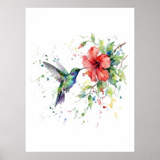 Poster Colorful Hummingbird Watercolor Floral Nature Art