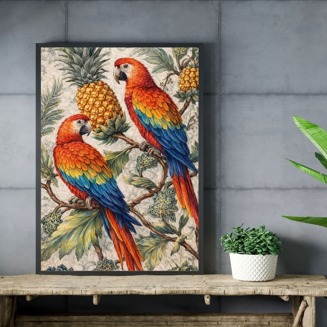 Poster Colorful Macaw Parrots with Pineapples (Criador carregado)