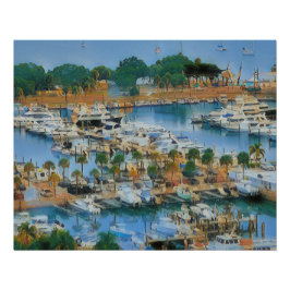 Póster Colorful Marina Wall Art Coastal Harbor Boats