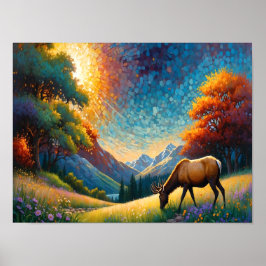 Poster Colorful Meadow Elk with Flowers Art