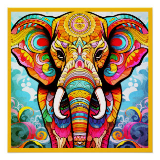 Póster Colorful Mosaic Elephant on a Glossy Wall Poster