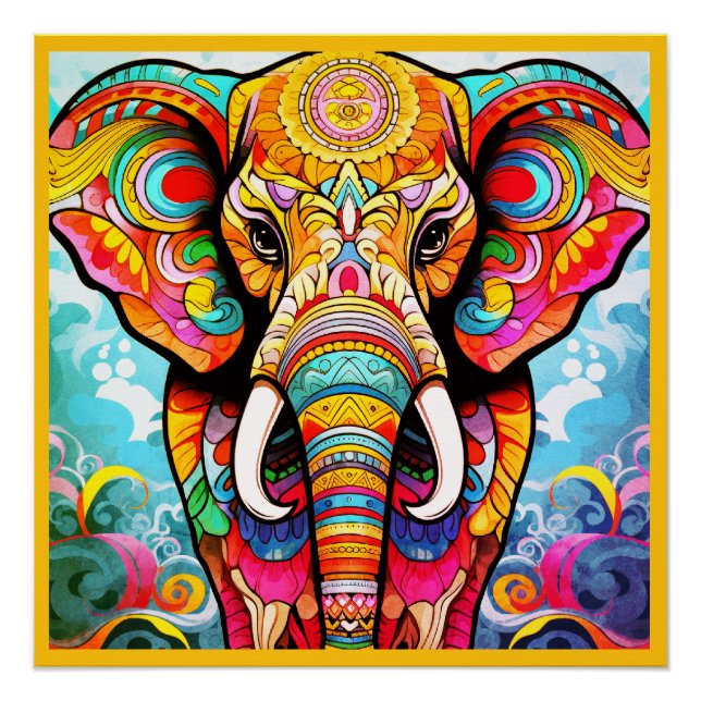 Póster Colorful Mosaic Elephant on a Glossy Wall Poster (Frente)