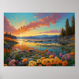 Poster Colorful Mountain Lake Flowers Art