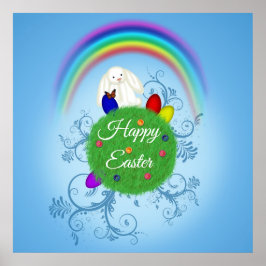 Poster Colorful Planet & Rainbow Cute Bunny Happy Easter