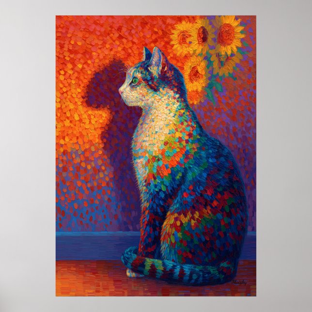 Poster Colorful Pointillism Cat with Sunflowers Art (Frente)