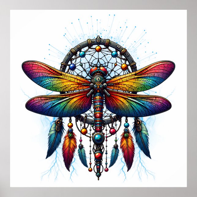 Poster Colorful Psychedelic Dragonfly Dreamcatcher Boho (Frente)