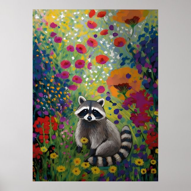 Poster Colorful Raccoon in Wildflower Garden Art Animal  (Frente)