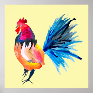 Poster Colorful rooster watercolor animal