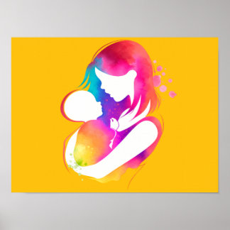 Poster Colorful Watercolor Mother and Baby Yellow Backgro