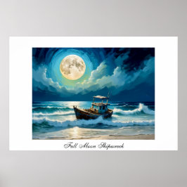 Poster Colorfull Moon Old Shipreck Seashore