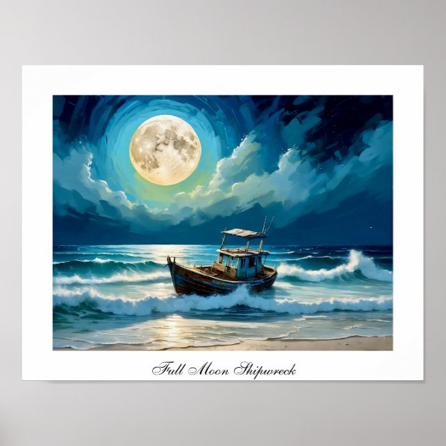 Poster Colorfull Moon Old Shipreck Seashore (Frente)