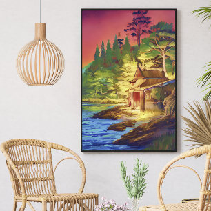 Poster Colorida Aquarela, Lado de Algodão, Casa Verde