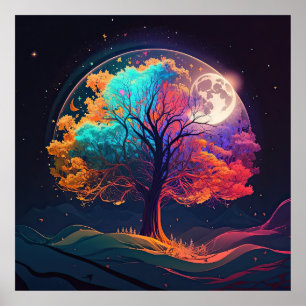 Poster Colorida Árvore da Vida da Lua Galáxia Fantástica