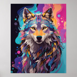 Poster Colorida Cinza Wolf Neon Colors