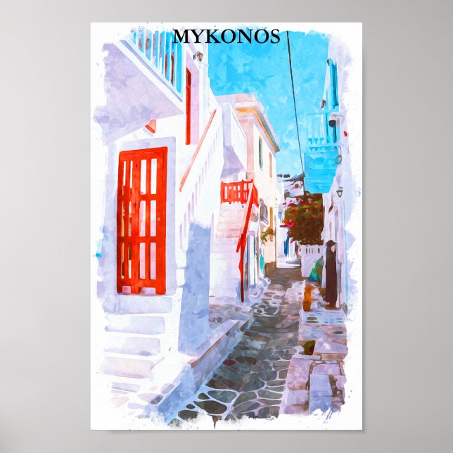Poster Colorida Grécia Mykonos Retro Viagem Watercolor (Frente)