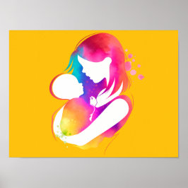 Poster Colorida Mãe e Bebê Aquarela Fundo Amarelo