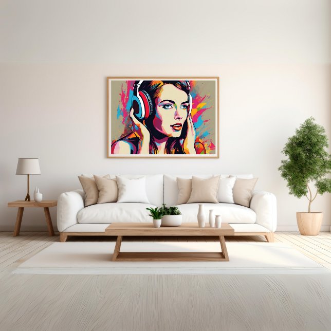 Poster Colorida Mulher Escute Música Pop Art (Colorful Woman Listens to Music Pop Art Poster)