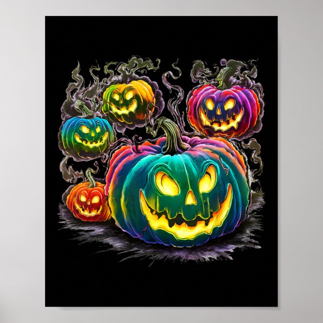 Poster Colorida Pumpkin Fantasmas Jack O Lanterna Hallowe (Frente)