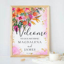 Poster Colorida Rosa e Laranja Flores Tropicais Boas-vind