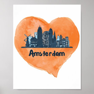 Poster Colorida Silhueta Urbana de Amsterdã Aquarela Cora