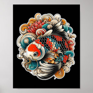Poster Colorida Tatuagem de Peixe Koi Design Arte Japones