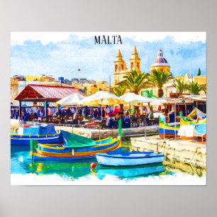 Poster Colorida Visão do Panorama Mediterrâneo em Malta