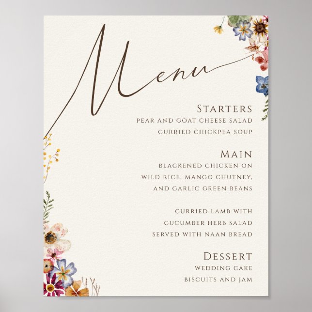 Poster Colorida Wildflower | Sinal de menu de casamento b (Frente)