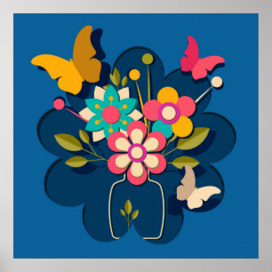 Poster Colorido Bela Moderna Ramalhete de Flores no Azul