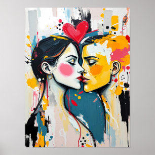 Poster Colorido Cartaz de Amantes Beijando Arte Pop Abstr