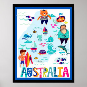 Poster Colorido Cartaz de Viagem Caprichoso da Austrália