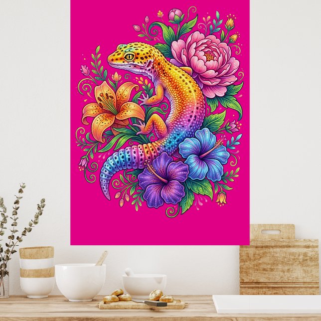 Poster Colorido Cute Lagartixa Leopardo Flores Arco-íris (Cozinha)