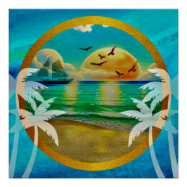 Póster Colorido de uma Praia com uma Palmeira e um Sol