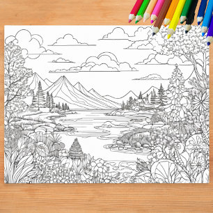 Poster Colorir Paisagem Lago Montanhas Cenário Cor Dentro