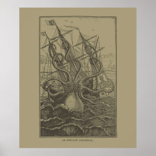 Poster Colossal Octopus Kraken Atacando Navio Monstro do 