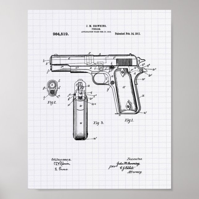 Póster Colt.45 1911 Patent Art - Lined Peper (Frente)