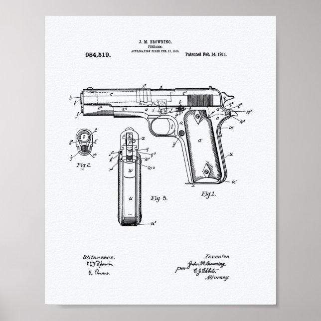 Póster Colt.45 1911 Patent Art - White Paper (Frente)