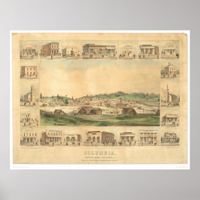 Póster Columbia, CA. Mapa Panorâmico 1855 (0441A) (Frente)