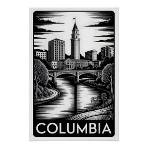 Póster Columbia Carolina do Sul Preto Branco Xilogravura