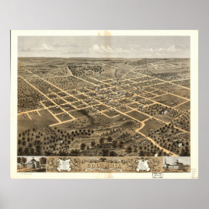 Poster Columbia Missouri 1869 Mapa Panorâmico Antiquado