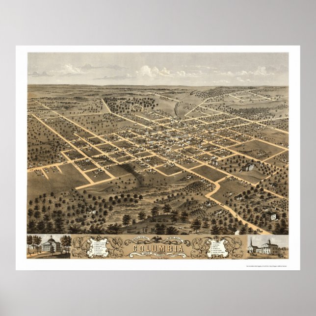 Póster Colúmbia, MO Mapa Panorâmico - 1869 (Frente)