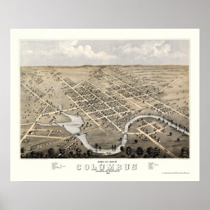 Poster Columbus, Mapa Panorâmico da WI - 1868