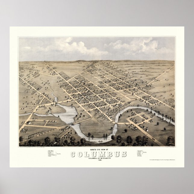 Poster Columbus, Mapa Panorâmico da WI - 1868 (Frente)