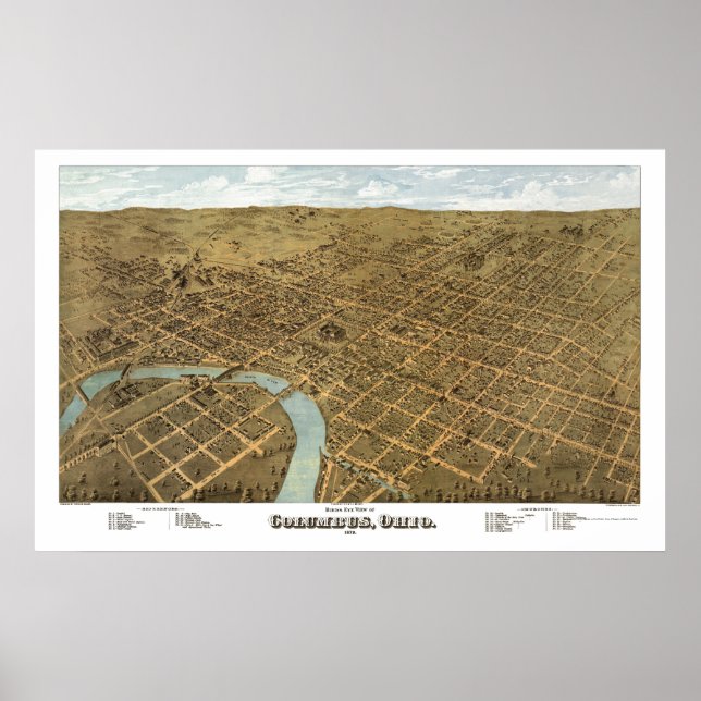 Poster Columbus, Mapa Panorâmico OH - 1872 (Frente)