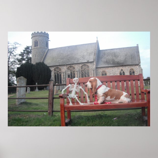 Poster com Basset Hound Visitando Uma Bela Igreja (Frente)