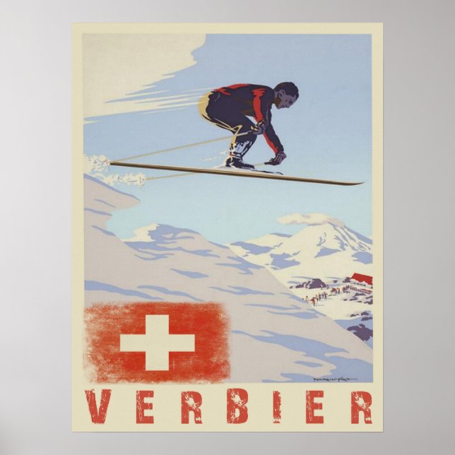 Poster com Impressão Suiça Vintage Ski (Frente)