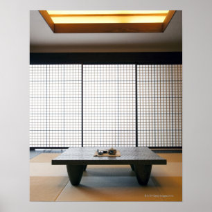 Poster com mesa de madeira e o tatami moderno do estilo: