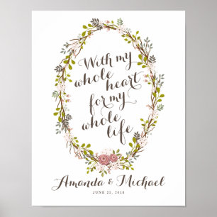 Poster Com meu casamento floral da grinalda do coração